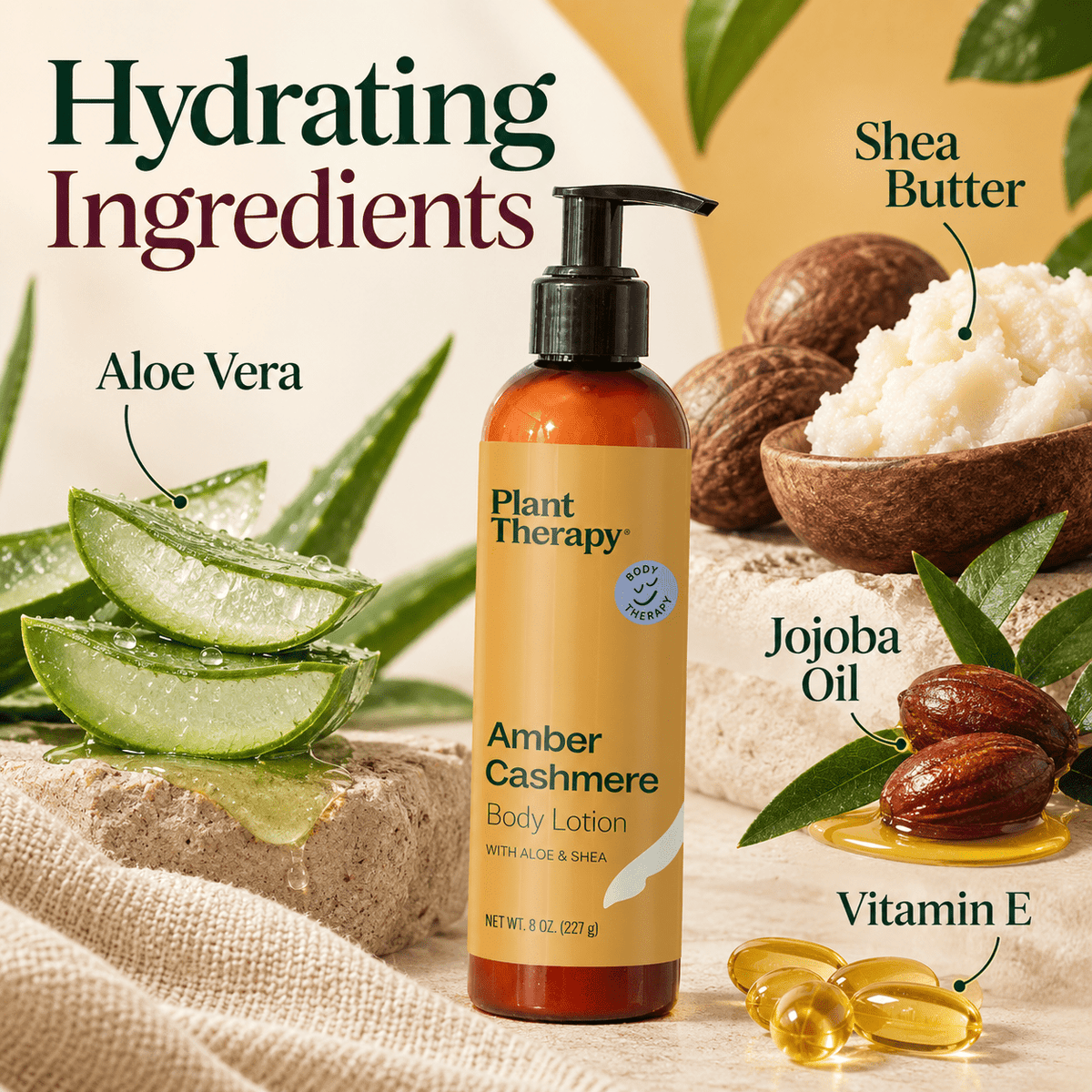 Plant Therapy Amber Cashmere Body Lotion hydrating ingredients aloe shea jojoba vitamin E