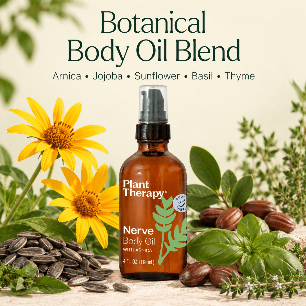 Plant Therapy Nerve Body Oil botanical ingredients with arnica jojoba sunflower basil and thyme
