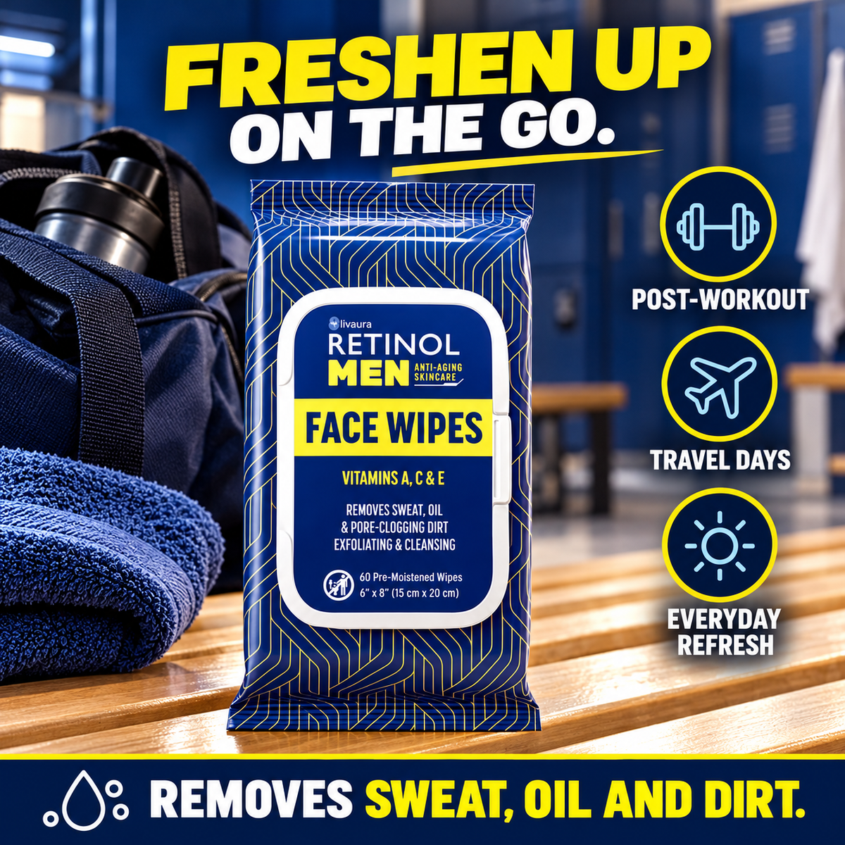 Livaura Retinol Men Face Wipes for travel and post-workout cleansing