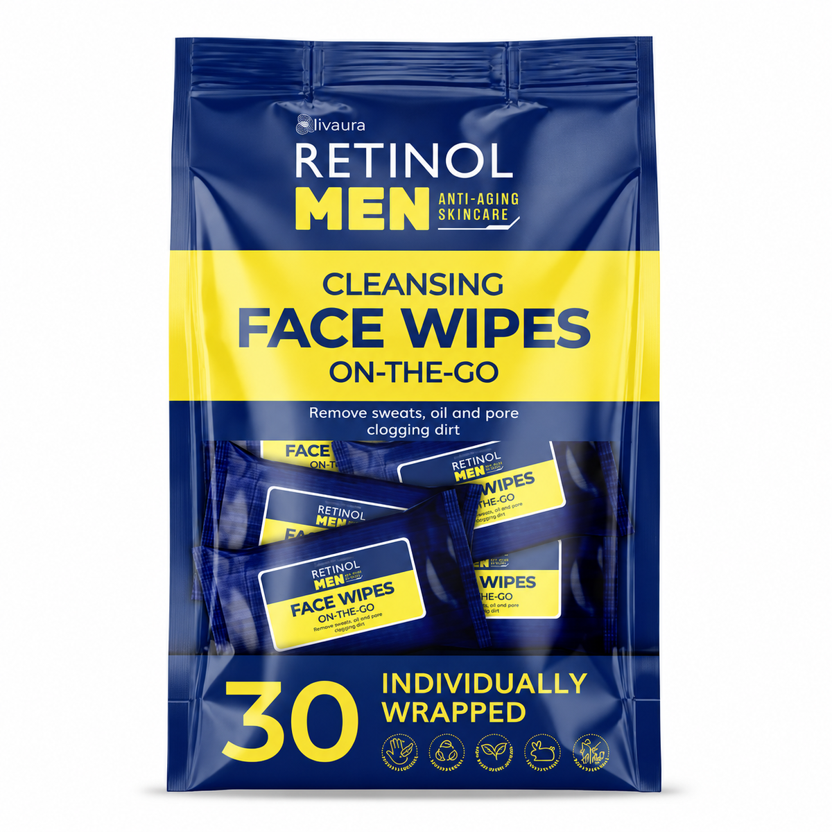 Retinol Men Face and Body Wipes, 30 individually wrapped wipes