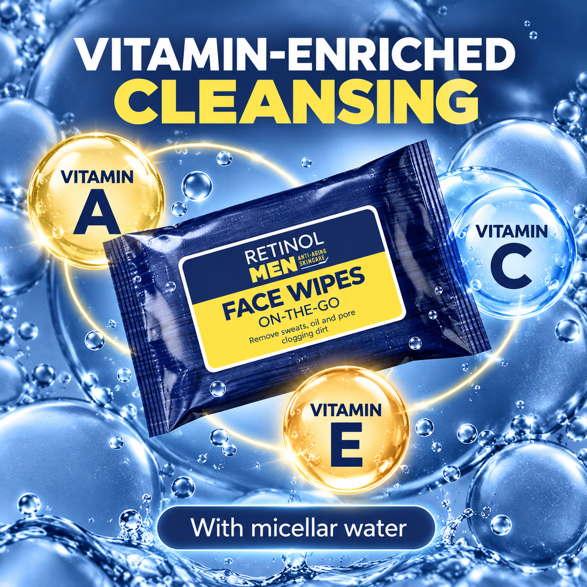 Retinol Men wipes with vitamins A, C and E and micellar water