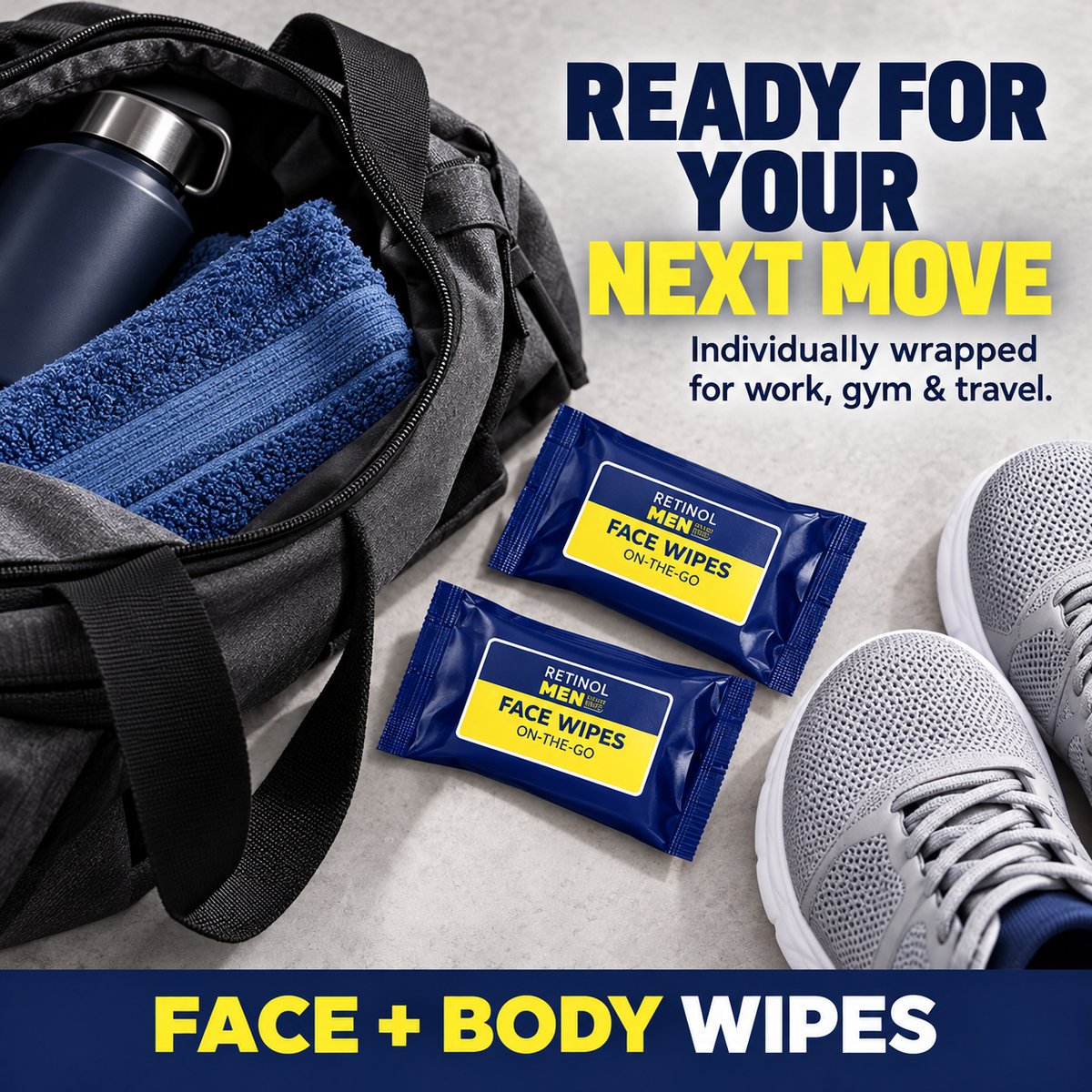 Individually wrapped Retinol Men wipes for work, gym and travel