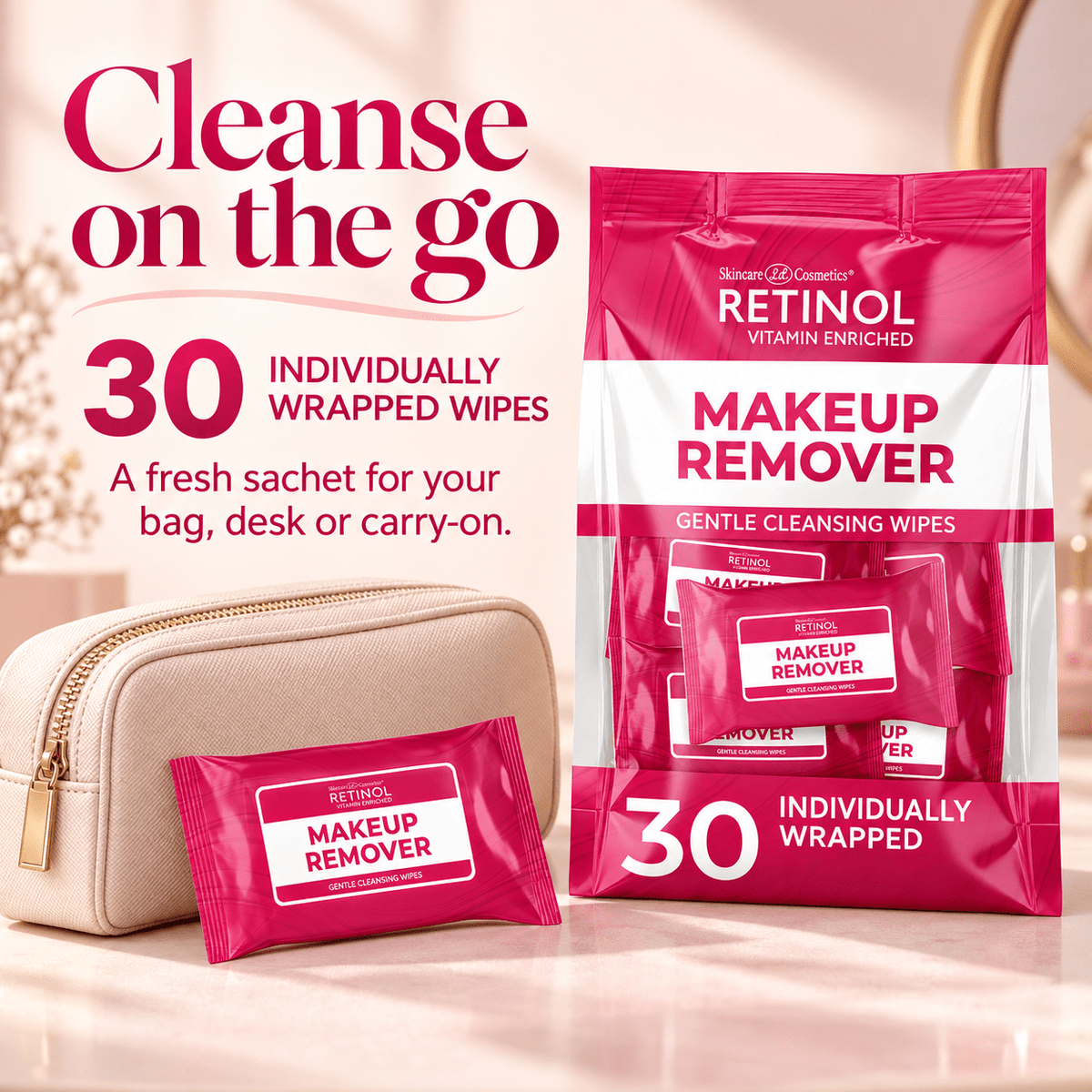 Individually wrapped Retinol wipes for travel and everyday carry