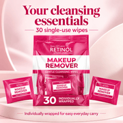 Bag of 30 individually wrapped Retinol makeup remover wipes