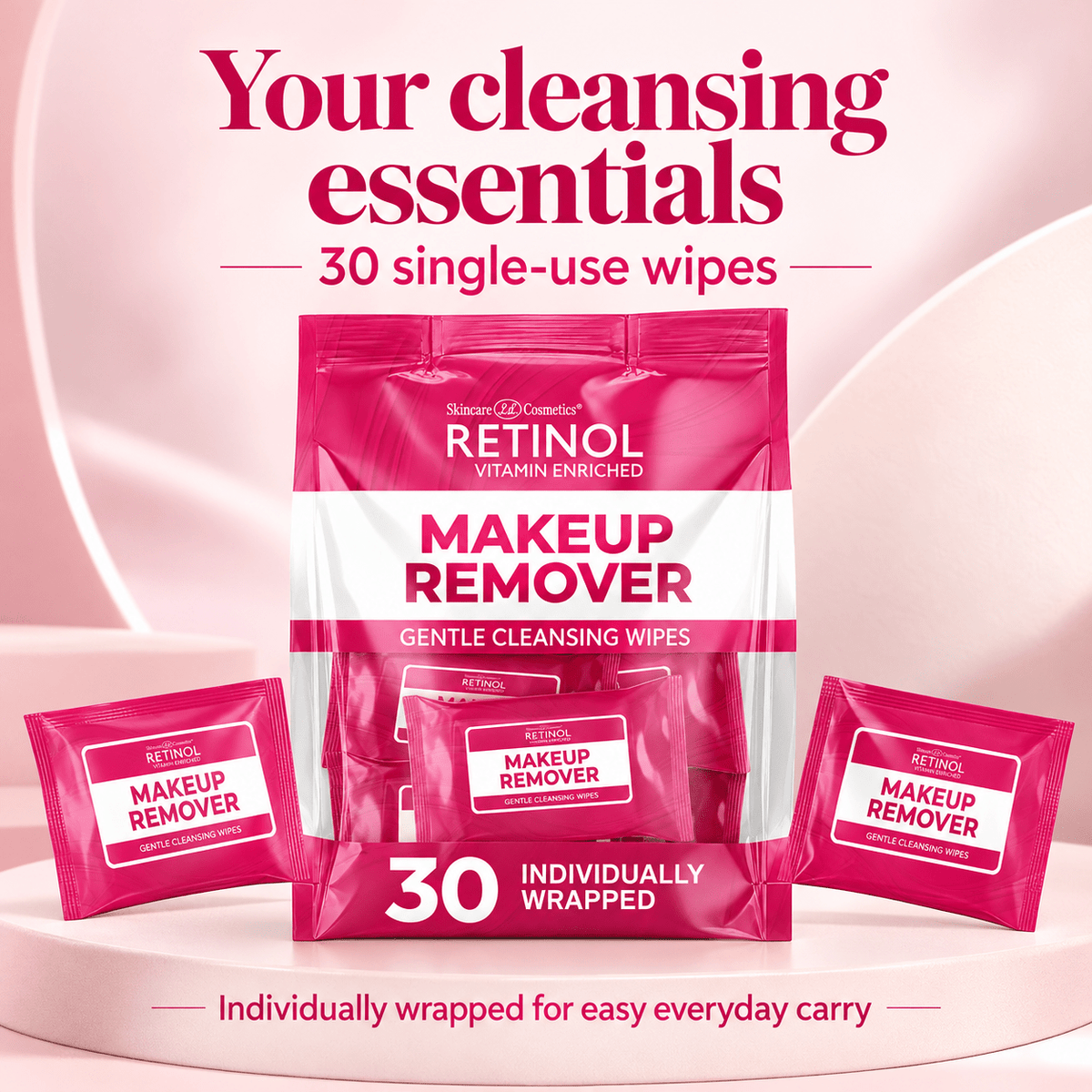 Bag of 30 individually wrapped Retinol makeup remover wipes