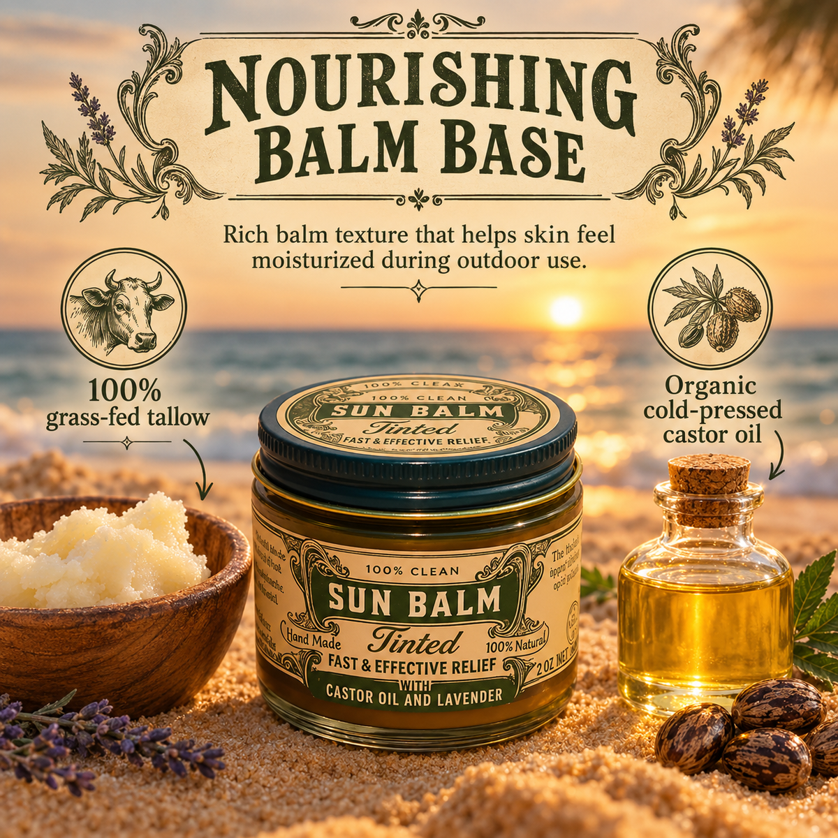 Roots & Leaves Sun Balm grass-fed tallow and castor oil