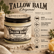 Roots and Leaves Tallow Balm product details infographic