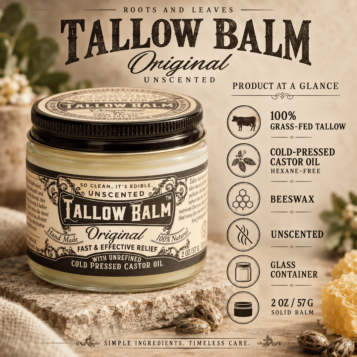 Roots and Leaves Tallow Balm product details infographic