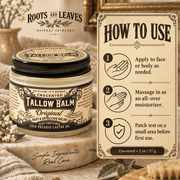 Roots and Leaves Tallow Balm how to use infographic