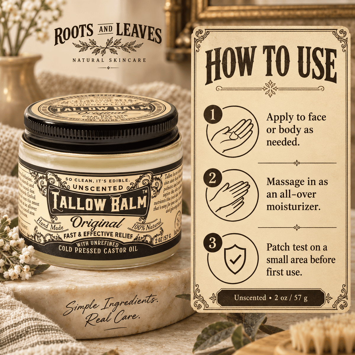 Roots and Leaves Tallow Balm how to use infographic