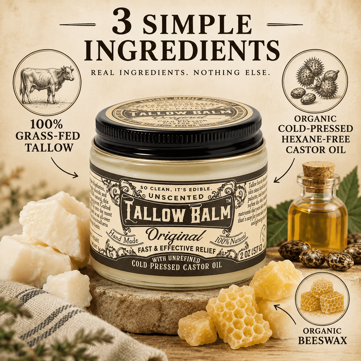 Roots and Leaves Tallow Balm three simple ingredients infographic