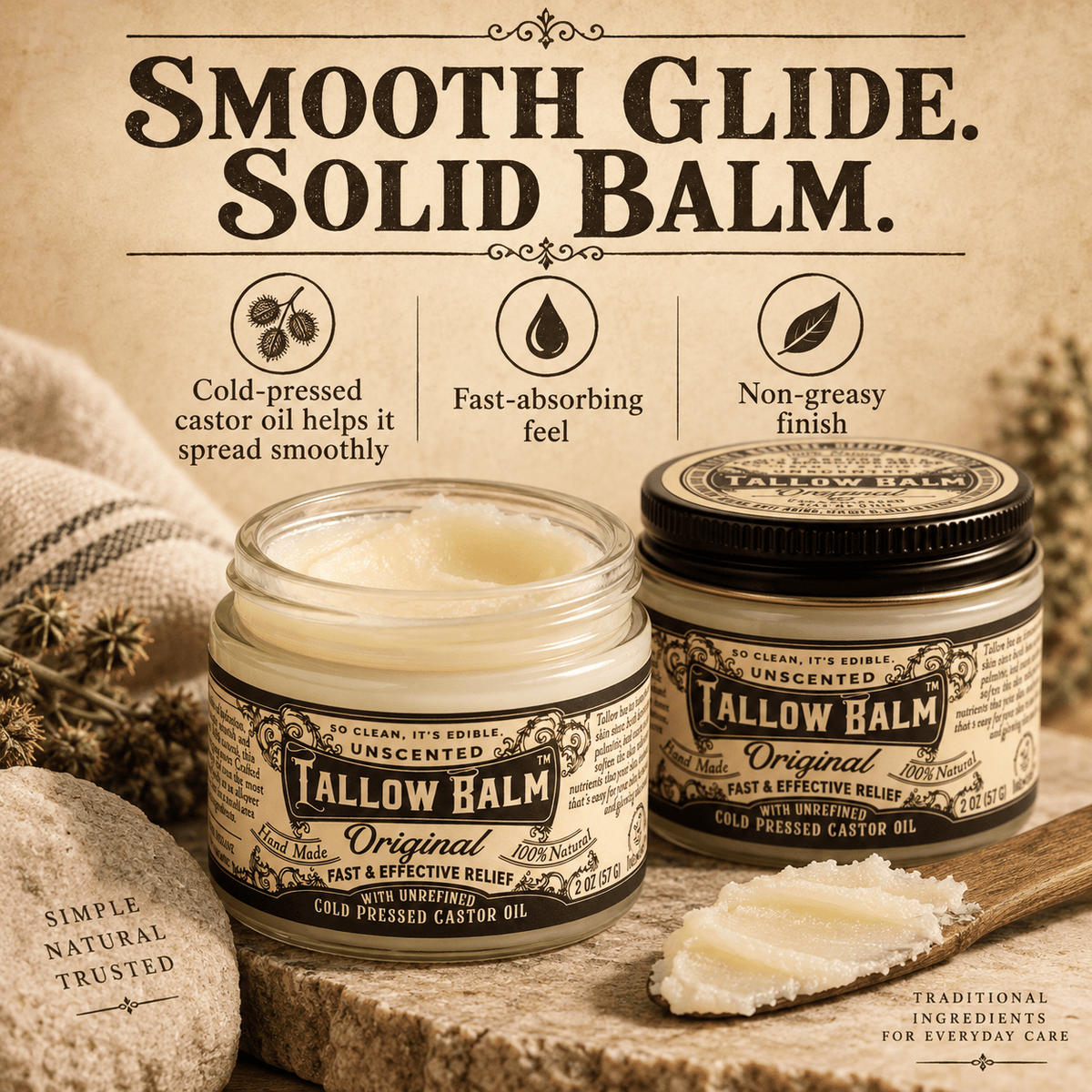 Roots and Leaves Tallow Balm texture and smooth glide infographic