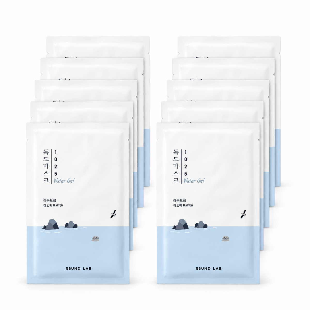 ROUND LAB 1025 Dokdo Water Gel Sheet Mask, ten individually packaged masks on a pure white background