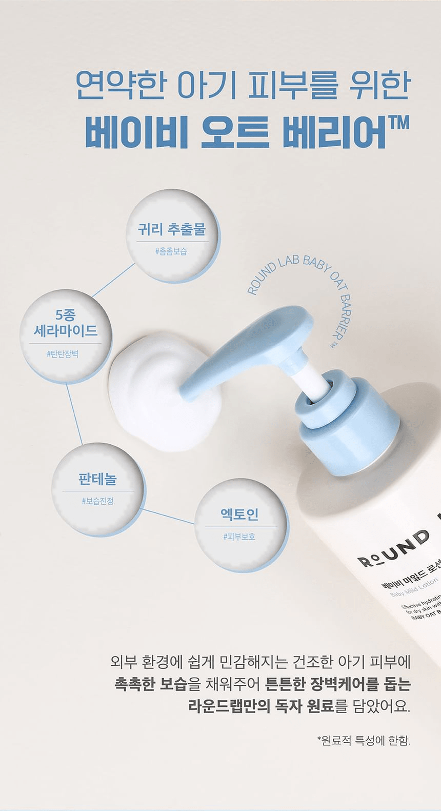 Round Lab Baby Mild Lotion 300ml - Baby Oat Barrier ingredients in Korean.