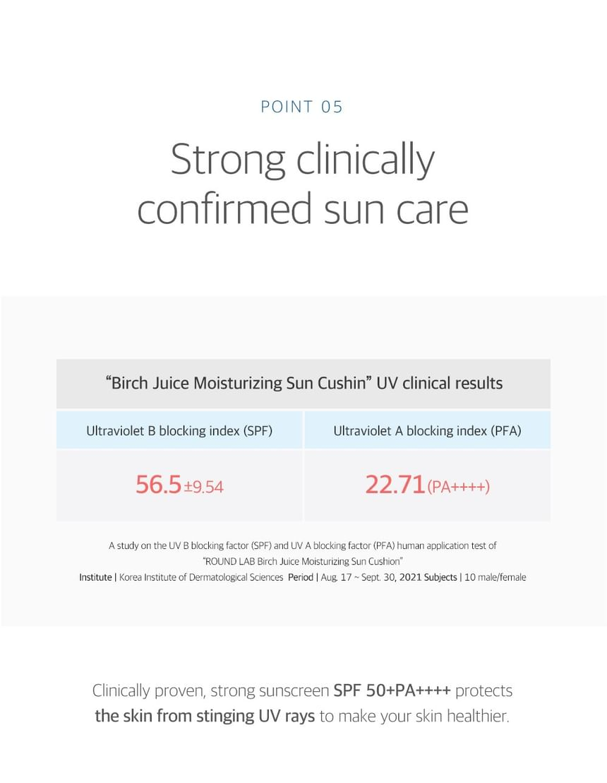 ROUND LAB Birch Juice Sun Cushion 15g source product information: uv clinical results