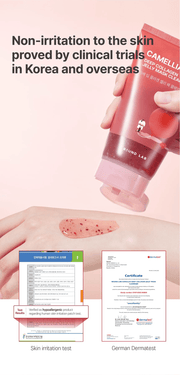 Round Lab Camellia Deep Collagen Jelly Mask Cleanser 150ml - Skin irritation testing and German Dermatest certificates.