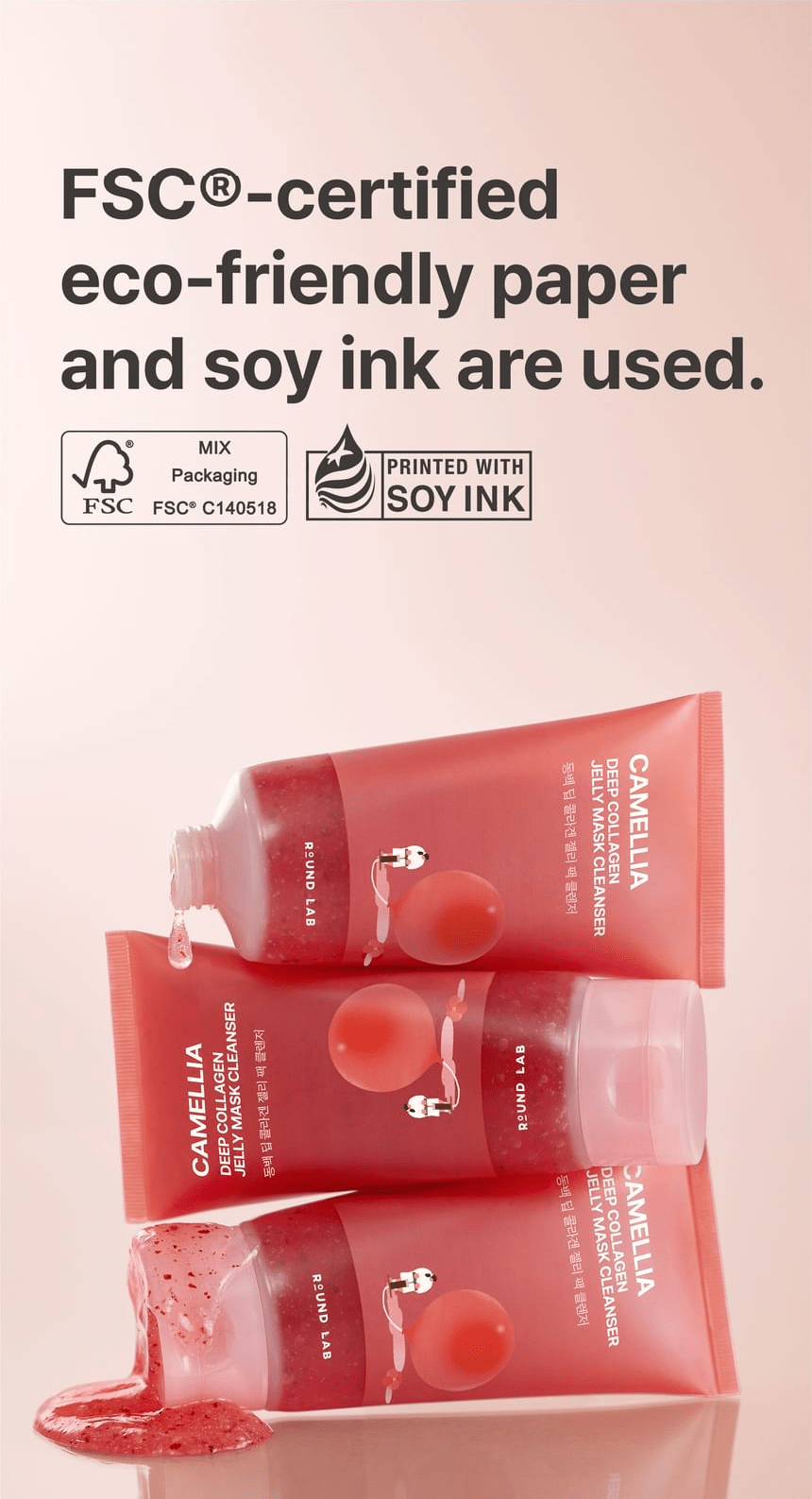 Round Lab Camellia Deep Collagen Jelly Mask Cleanser 150ml - FSC-certified paper and soy-ink packaging.