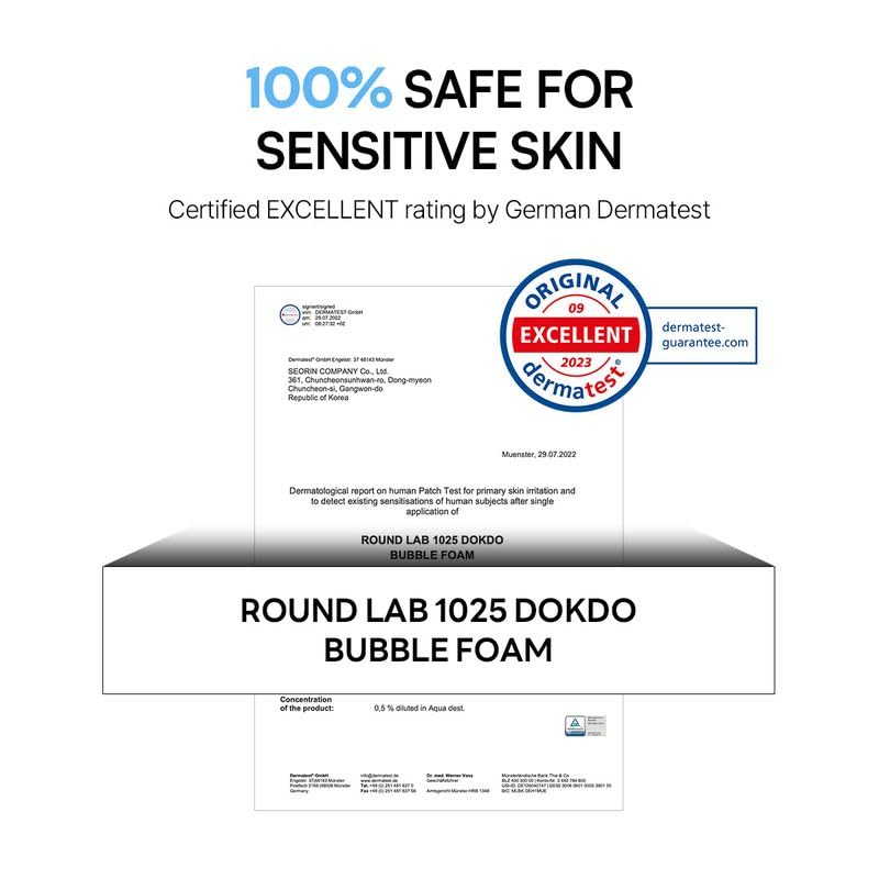 ROUND LAB Dokdo Bubble Foam dermatological test infographic