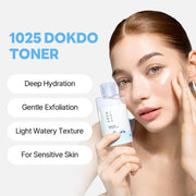 ROUND LAB 1025 Dokdo Toner model and product-benefits graphic