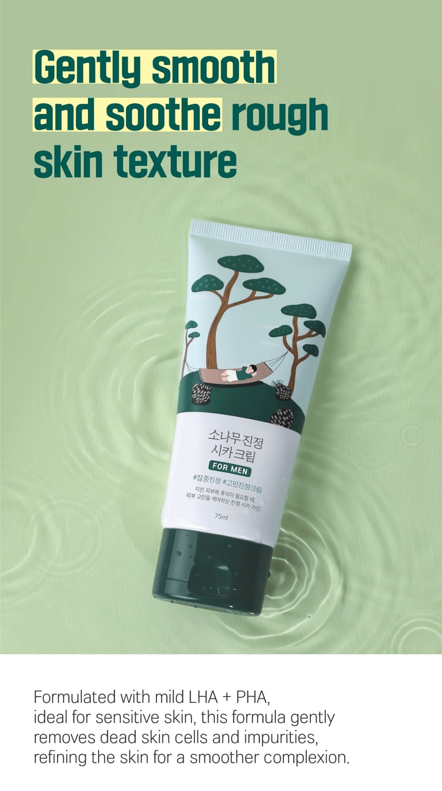ROUND LAB For Men Pine Calming Cica Cream 75ml: gentle texture care. Original YesStyle product information panel.