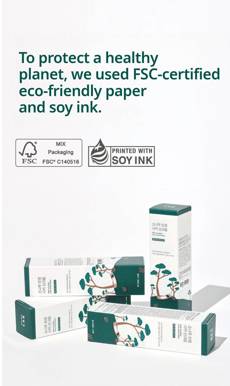 ROUND LAB Pine Calming Cica Sunscreen 40ml: eco packaging. English product information from Olive Young.