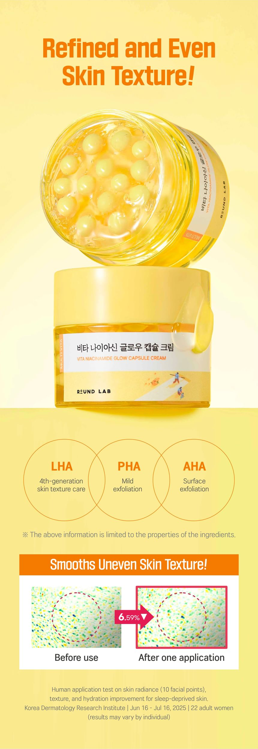 Round Lab Vita Niacinamide Glow Capsule Cream 50ml - LHA, PHA and AHA skin-texture care and test results.