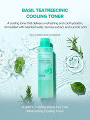 SKINFOOD Basil Teatreecinic Cooling Toner 200mL - English product and cooling overview