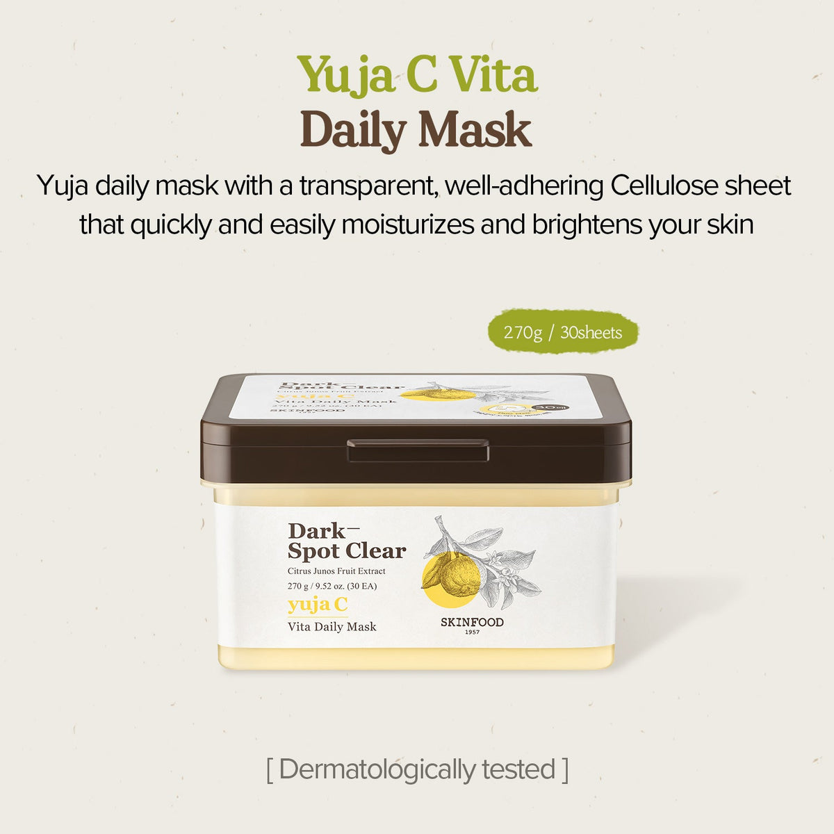 SKINFOOD Yuja C Vita Daily Mask English overview and 30-sheet size