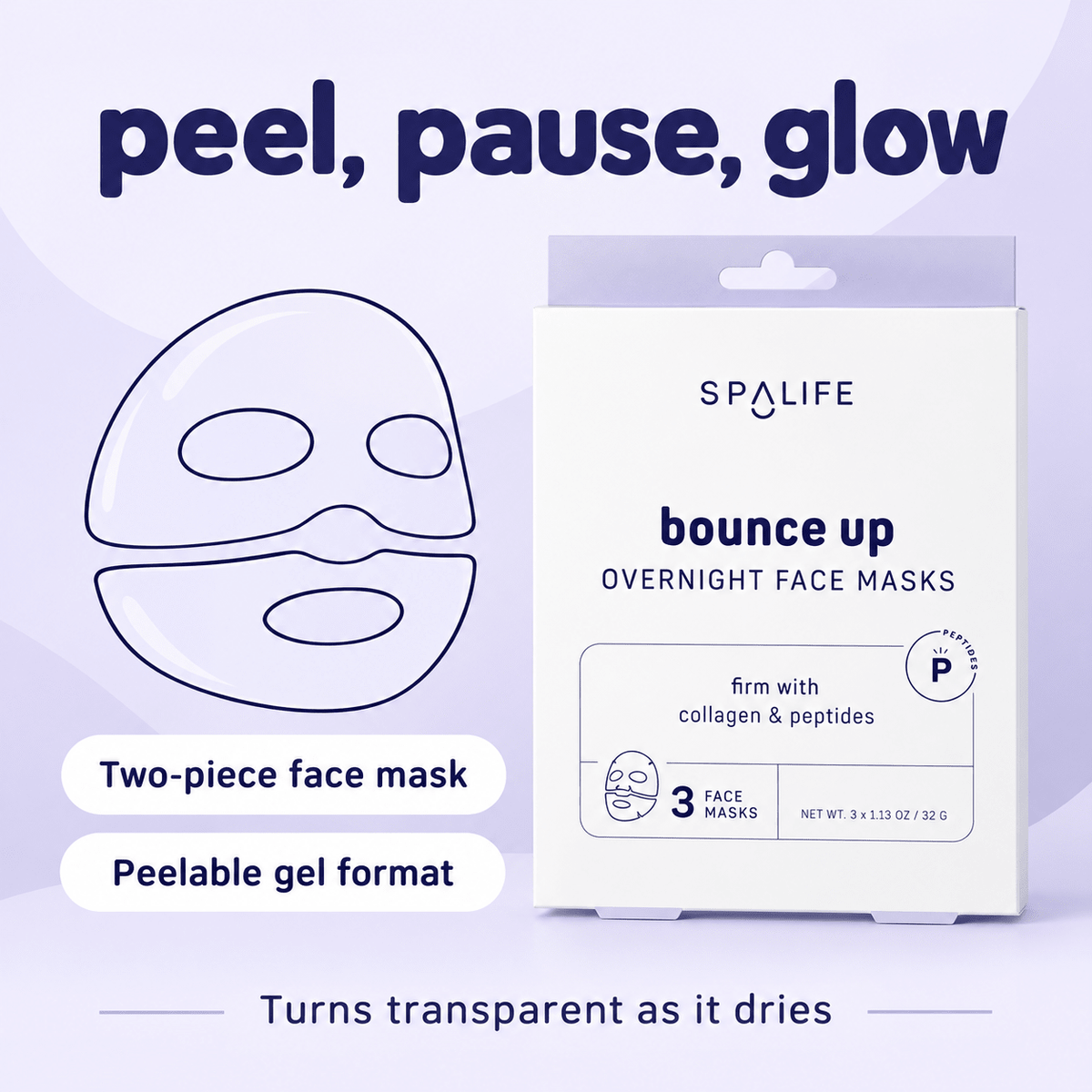 SpaLife Bounce Up two-piece peelable gel mask turns transparent as it dries