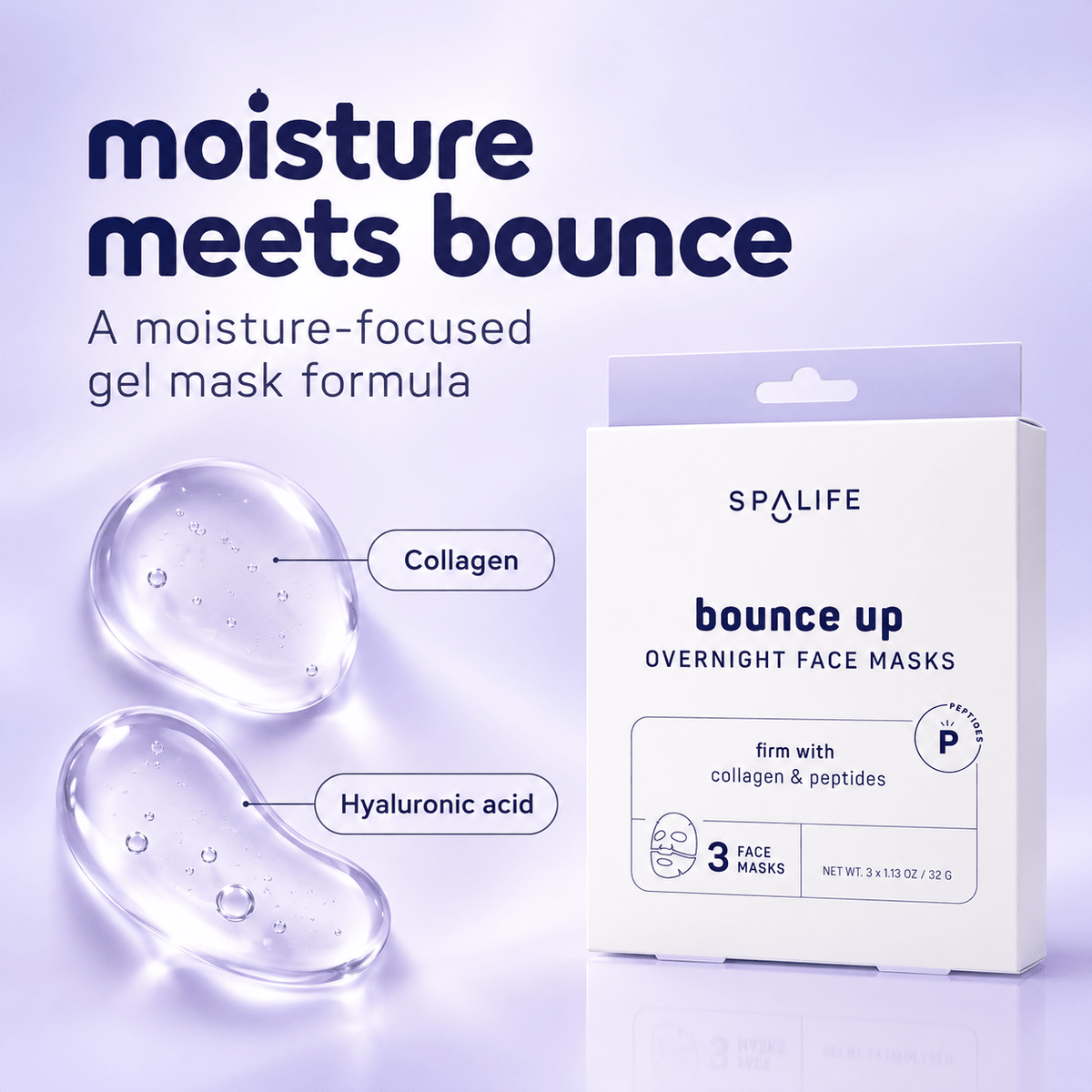 Collagen and hyaluronic acid in SpaLife Bounce Up gel face masks