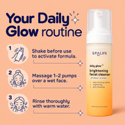 SpaLife Daily Glow cleanser: shake, massage 1–2 pumps over wet face, rinse with warm water