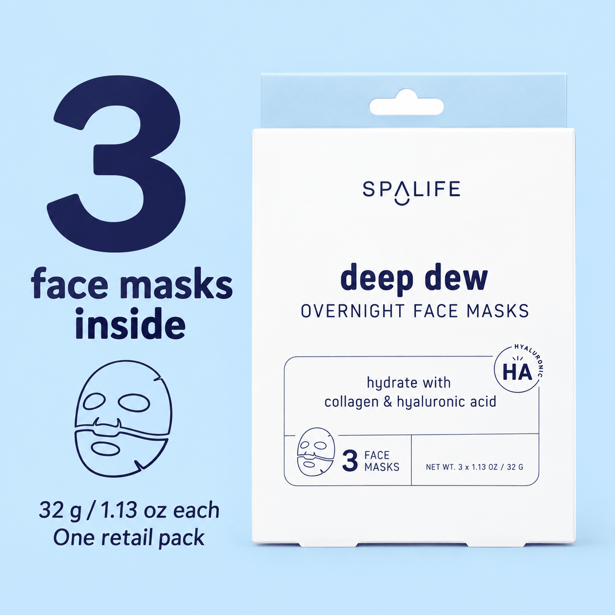 One pack with 3 Deep Dew face masks, 32 g each