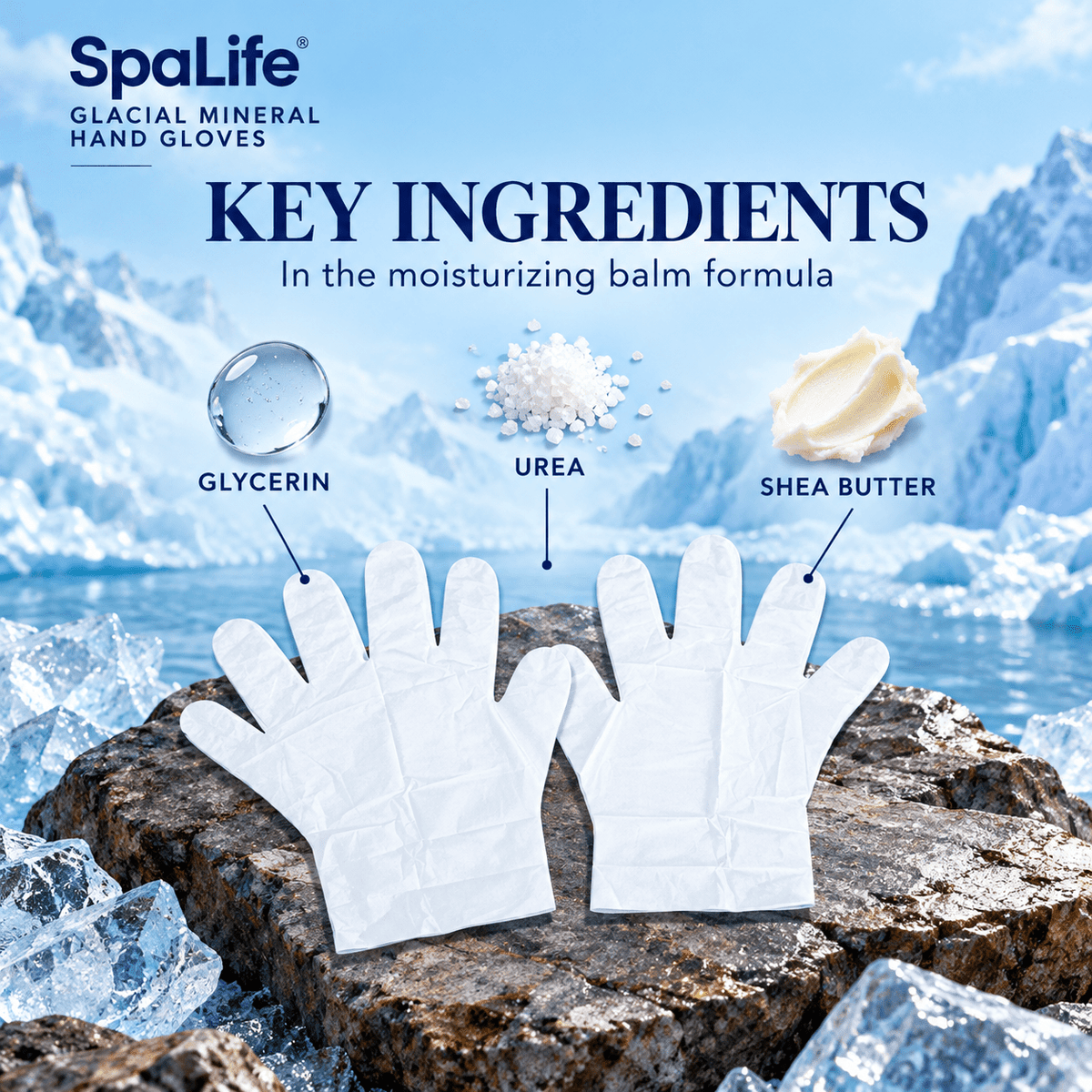 SpaLife Glacial Mineral hand gloves with supplier-listed glycerin, urea and shea butter