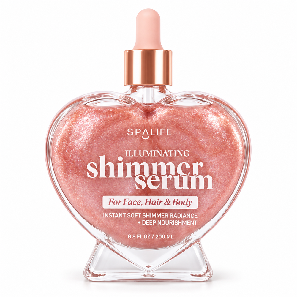 SpaLife Illuminating Shimmer Serum 200 mL, rose-pink heart-shaped dropper bottle on white