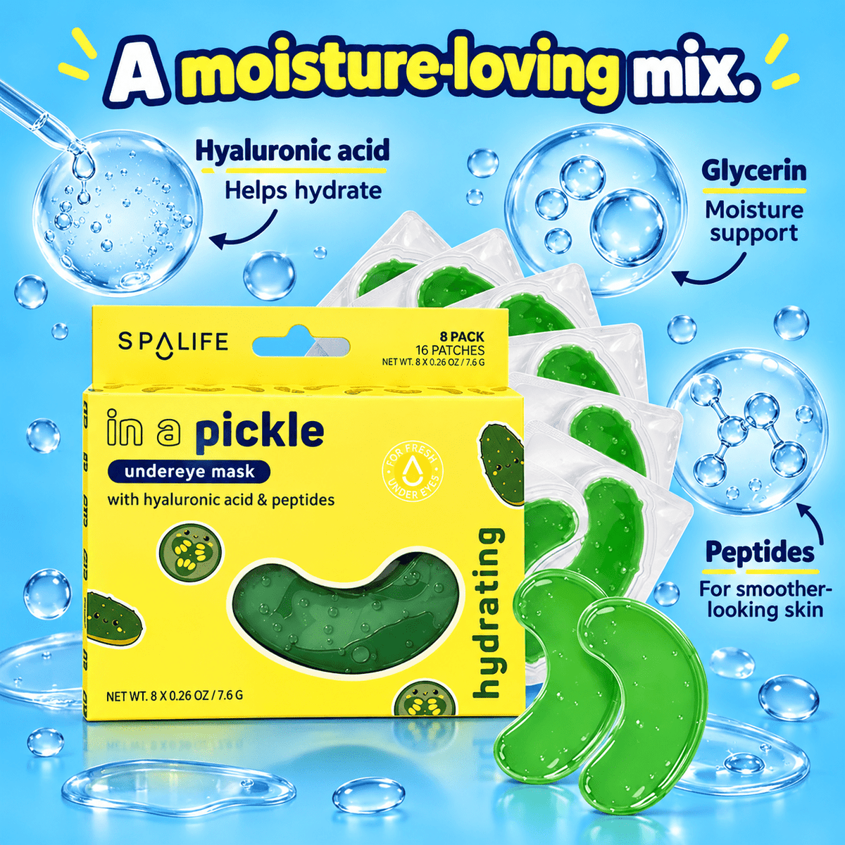 SpaLife In a Pickle hydrating undereye masks, 8 pairs, hyaluronic acid glycerin and peptides