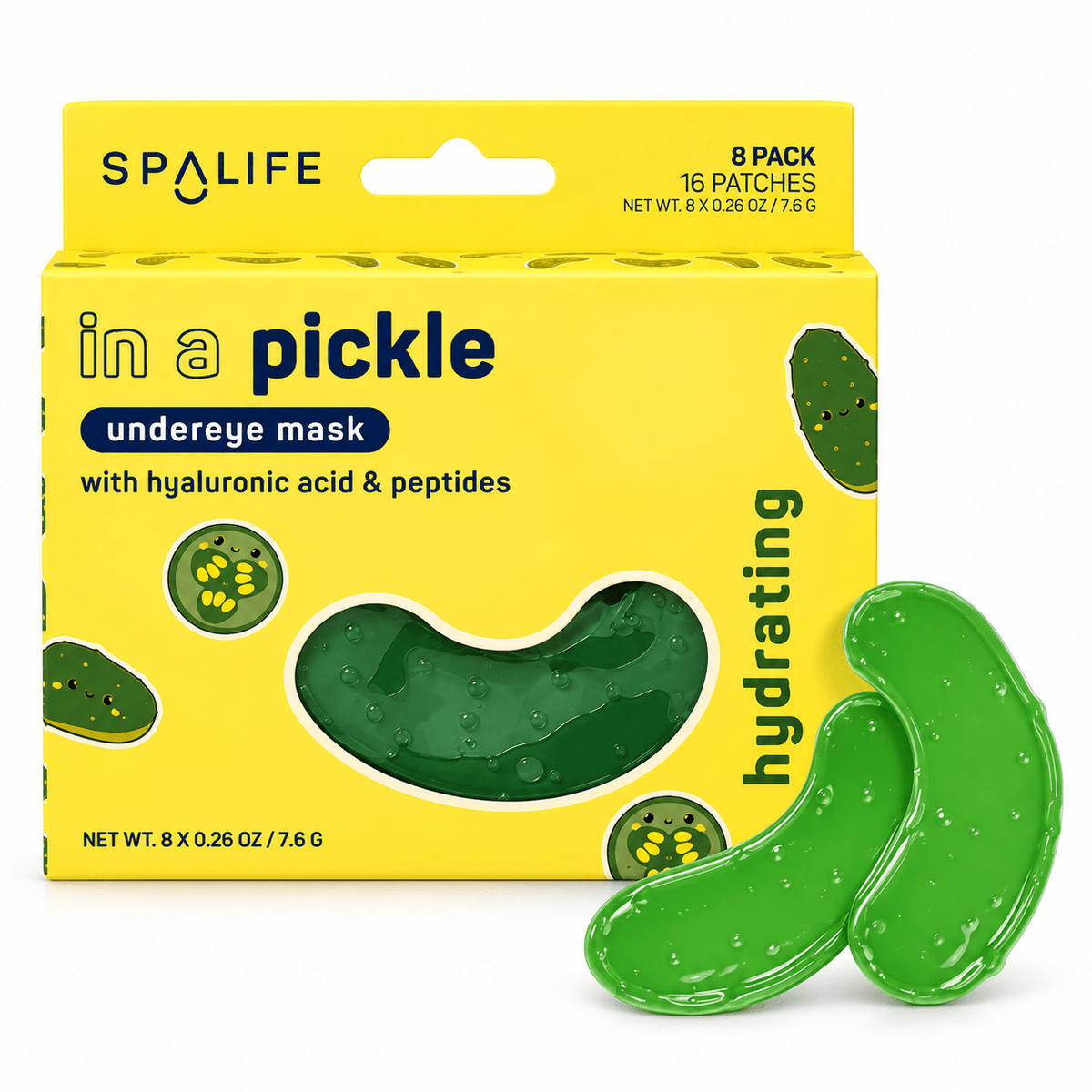 SpaLife In a Pickle hydrating undereye masks, 8 pairs, yellow retail box and green patches