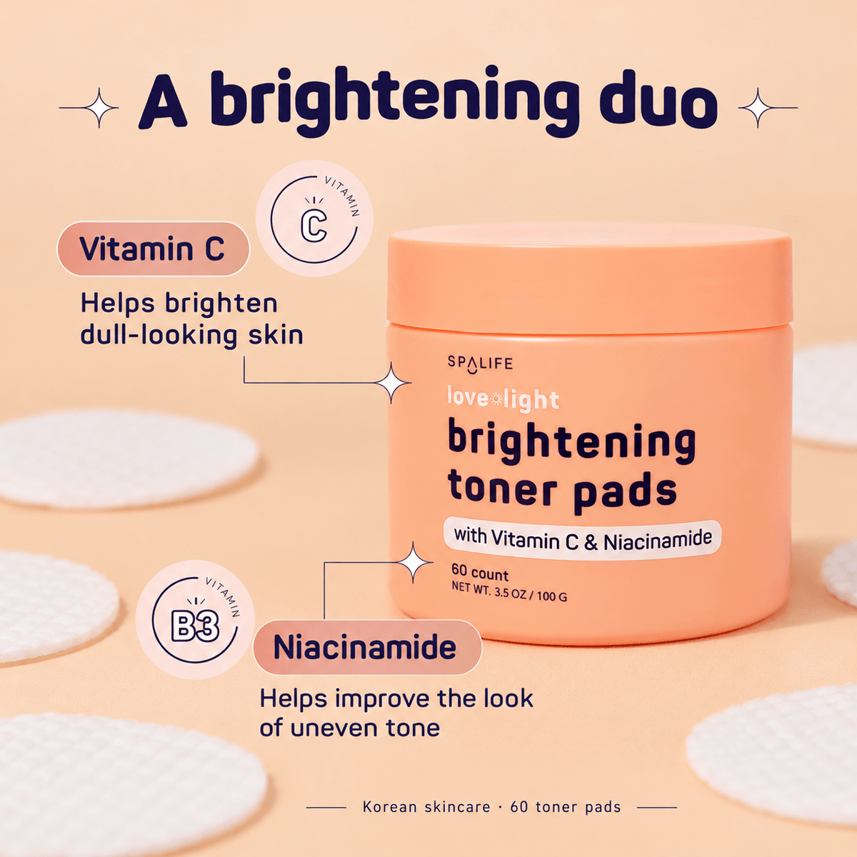 SpaLife Love + Light Korean Brightening Toner Pads 60 count: Vitamin C and niacinamide