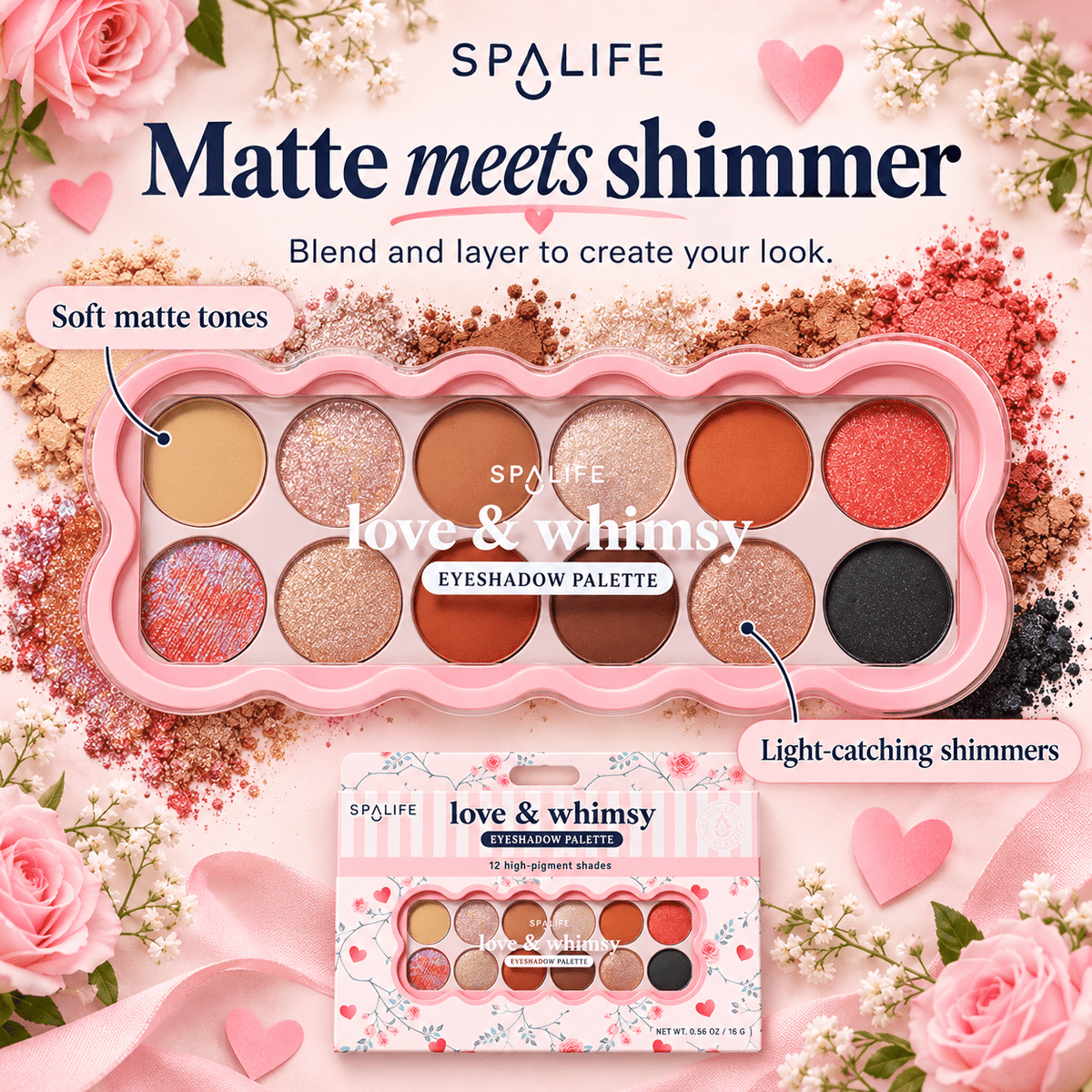 Matte and shimmer finishes in Love and Whimsy palette