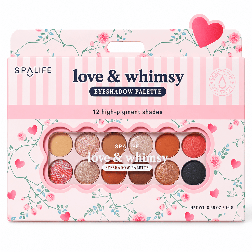 SpaLife Love and Whimsy twelve-shade eyeshadow palette in floral pink package on white