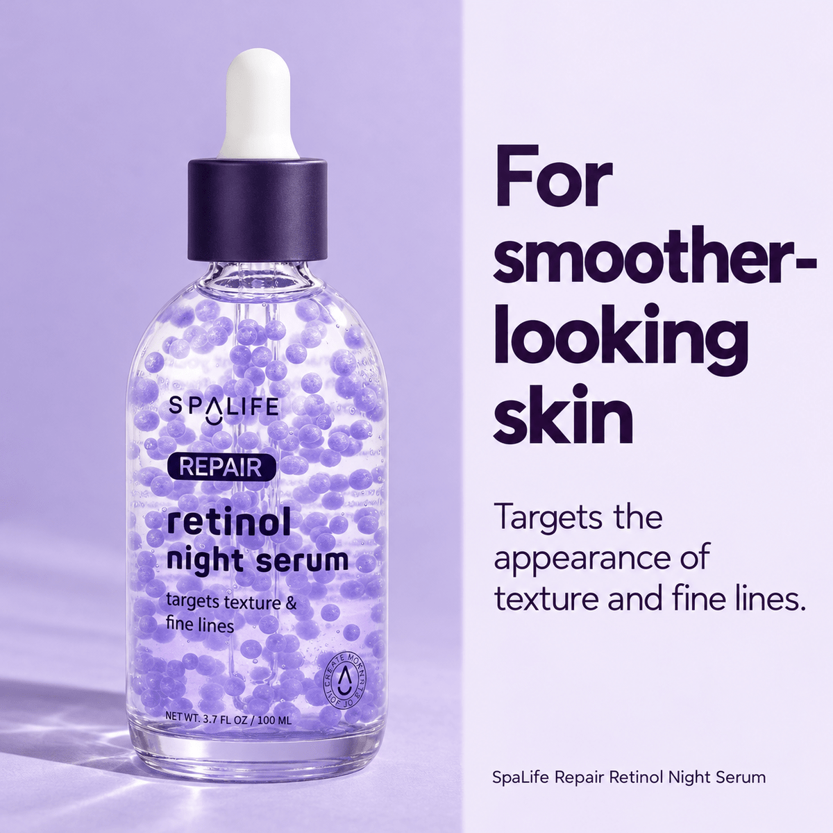 SpaLife Repair serum for smoother-looking texture and fine lines in a simple lavender layout