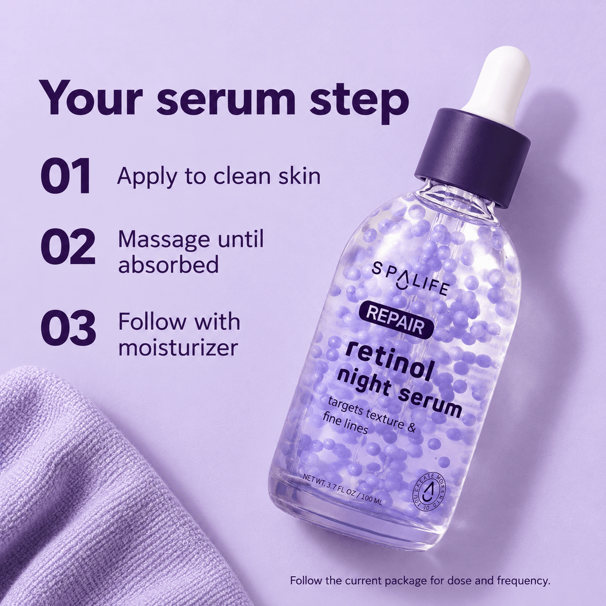 Three SpaLife Repair serum application steps with a diagonal bottle on lilac