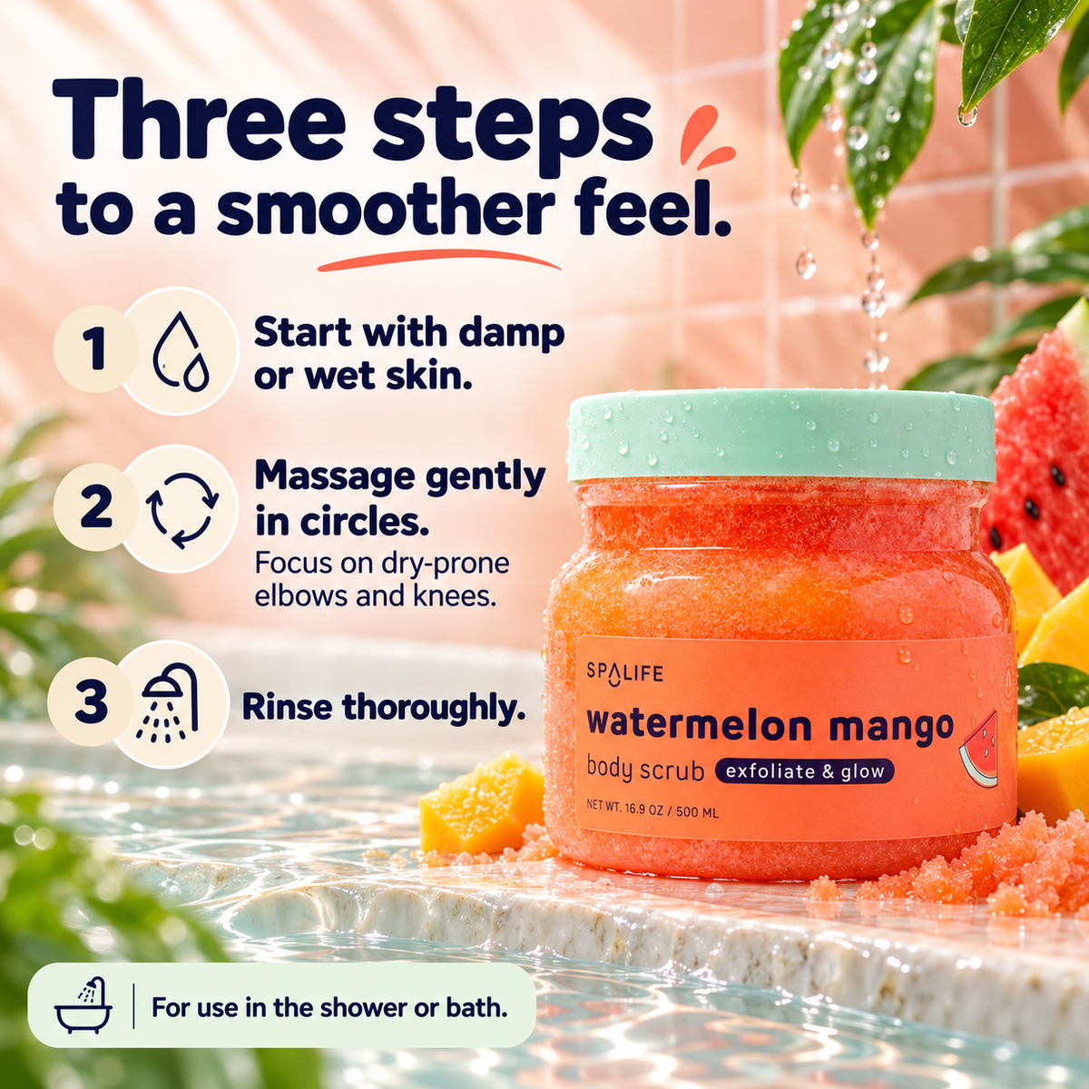 SpaLife Watermelon Mango Body Scrub 500 mL: Three-step use directions