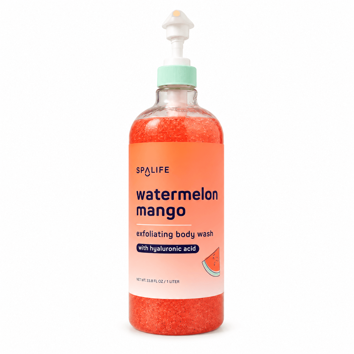 SpaLife Watermelon Mango Exfoliating Body Wash 1 liter pump bottle on white