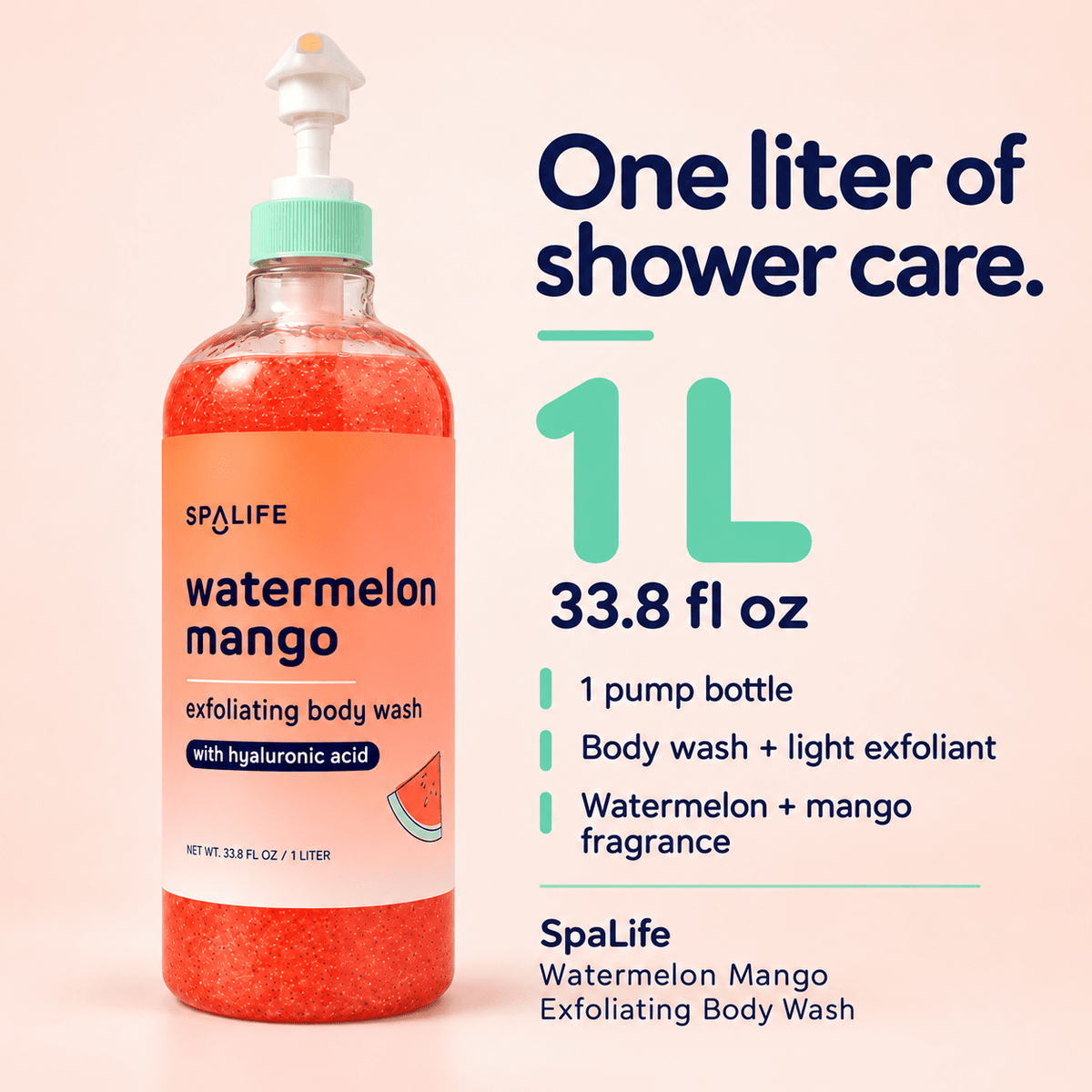 One liter pump bottle of SpaLife Watermelon Mango Exfoliating Body Wash