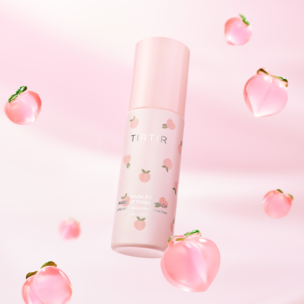 TIRTIR Peach Fixer 80mL peach-decorated bottle and peach fruit context