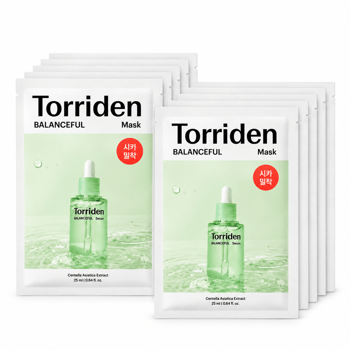 Ten Torriden BALANCEFUL Cica Mask 25mL sachets arranged on white background