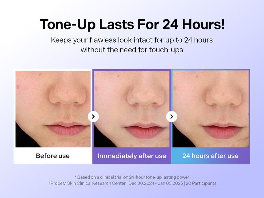 Torriden Purple Tone Up Sun Cream: 24-hour tone-up study English source panel