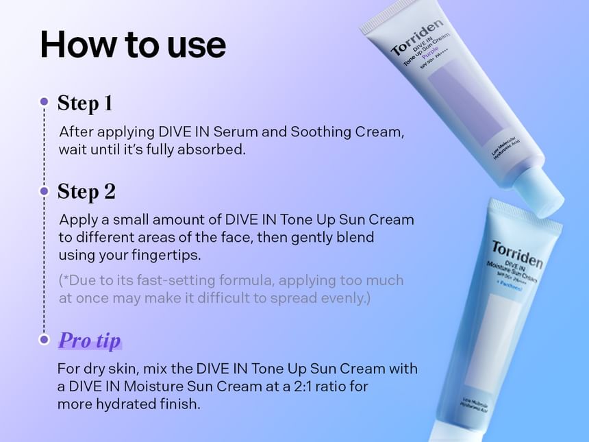 Torriden Purple Tone Up Sun Cream: How to use and source layering tip English source panel