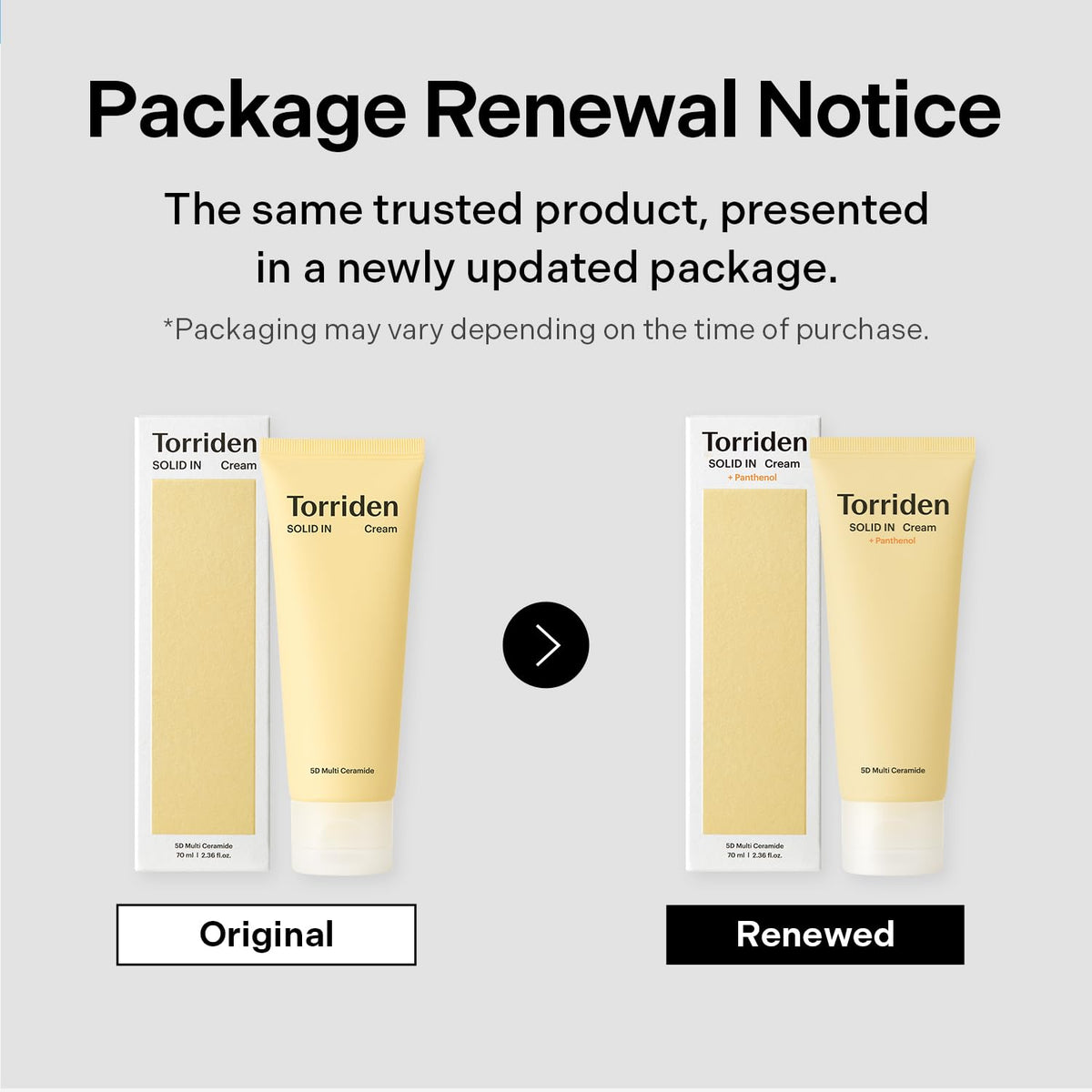 Torriden SOLID IN Cream original package renewal notice