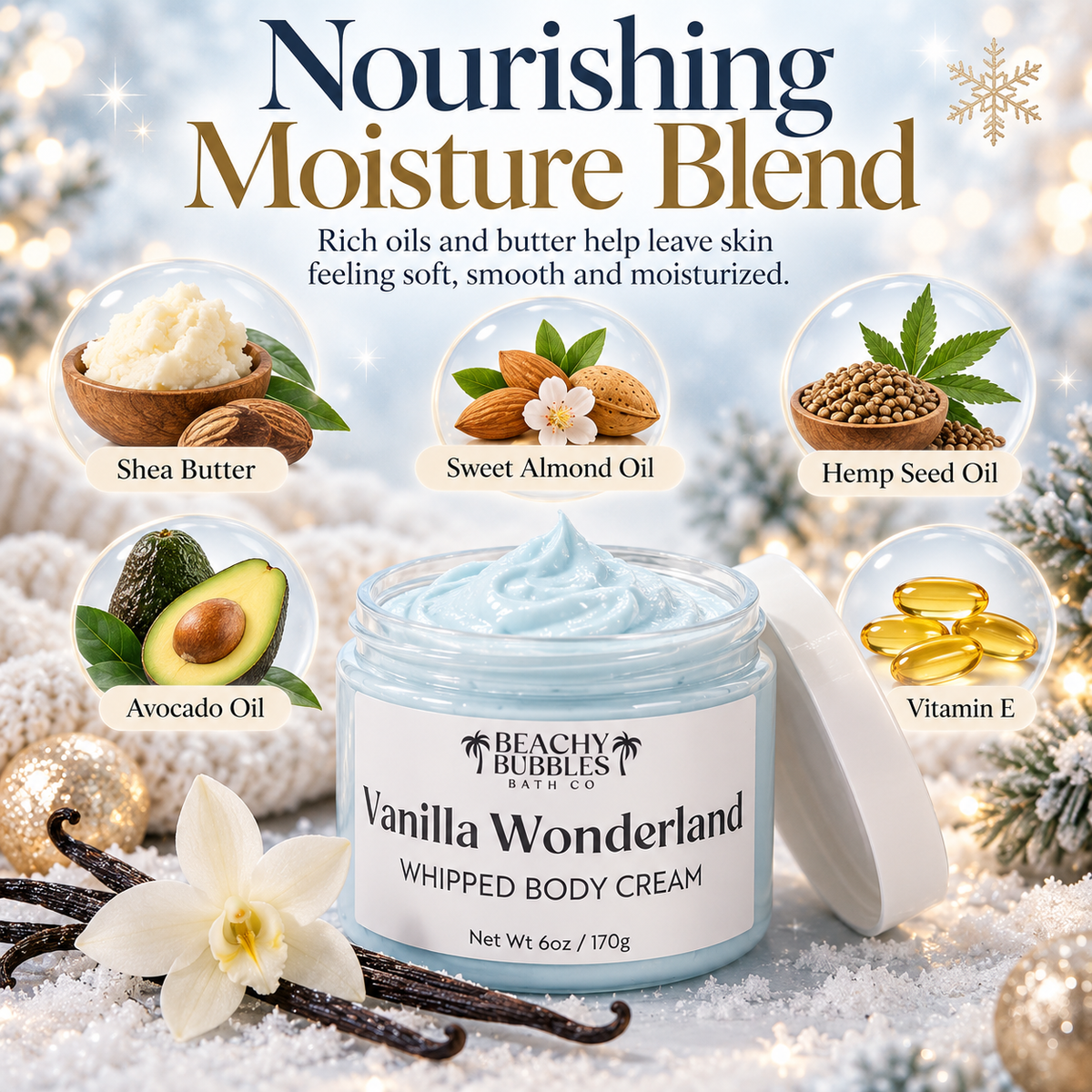 Vanilla Wonderland body cream shea butter almond avocado hemp seed vitamin E ingredients
